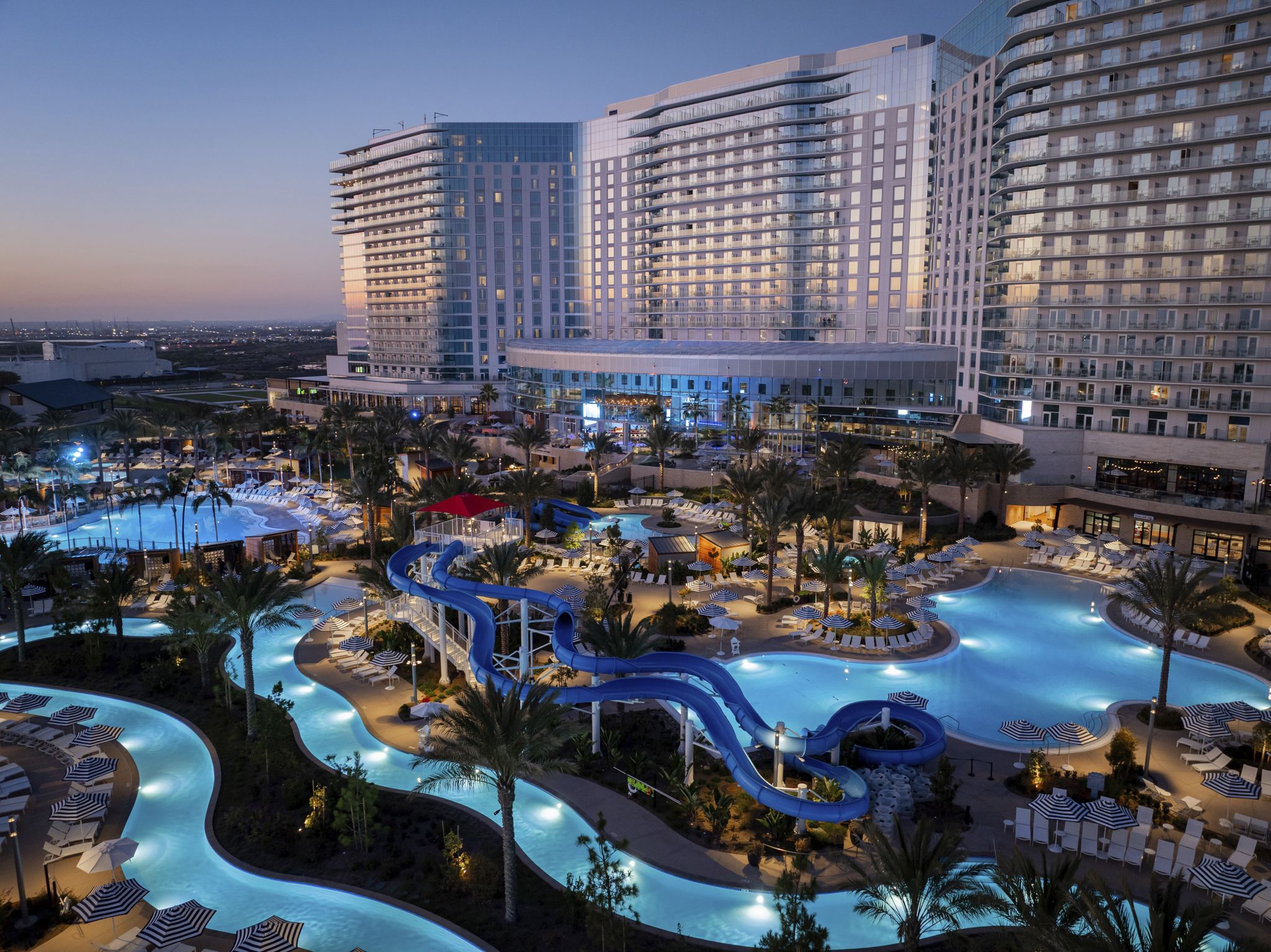 Elevated view of Gaylord Pacific Resort pools and waterslides